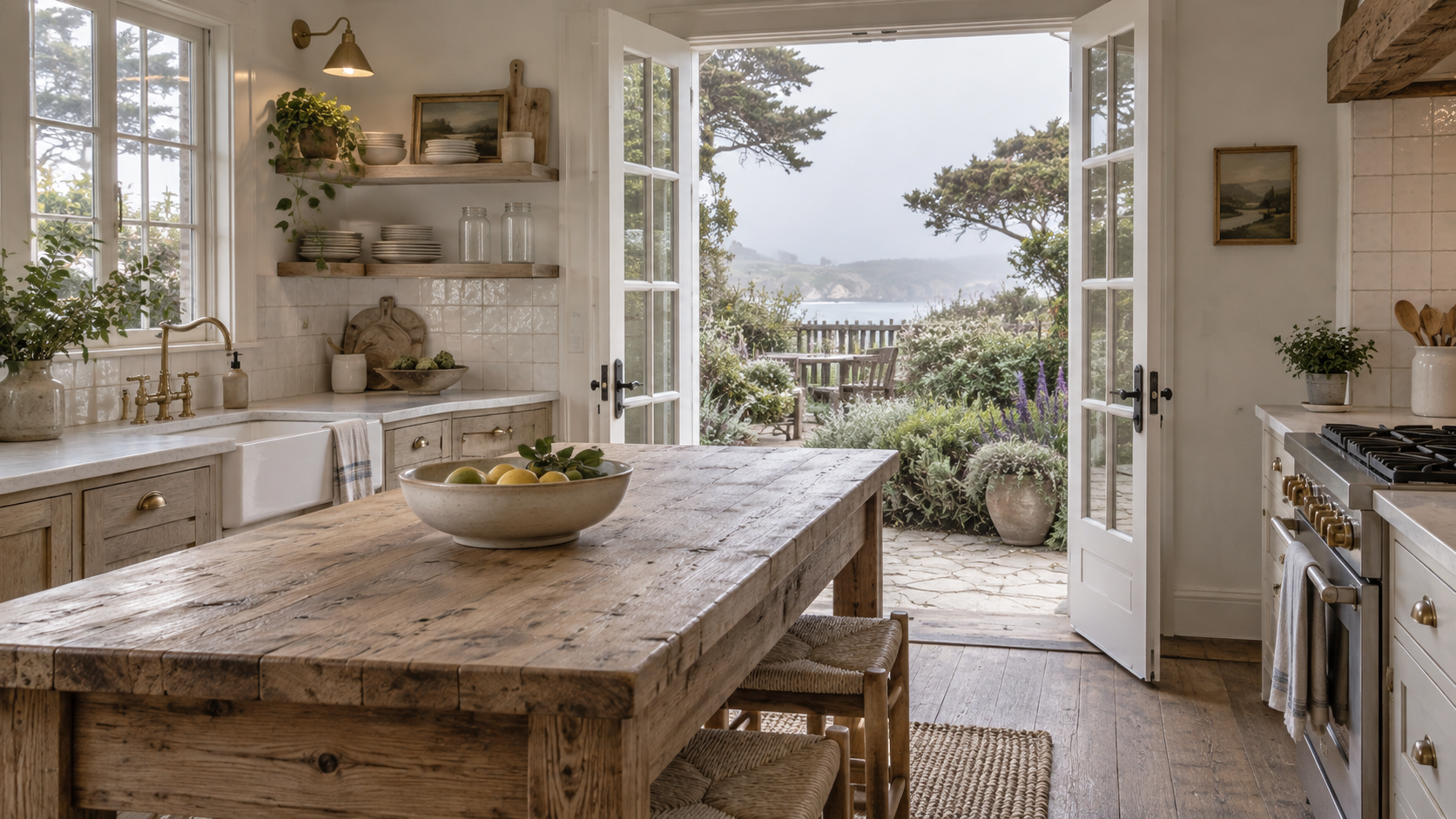 Illustrative cottage kitchen opening to a coastal garden