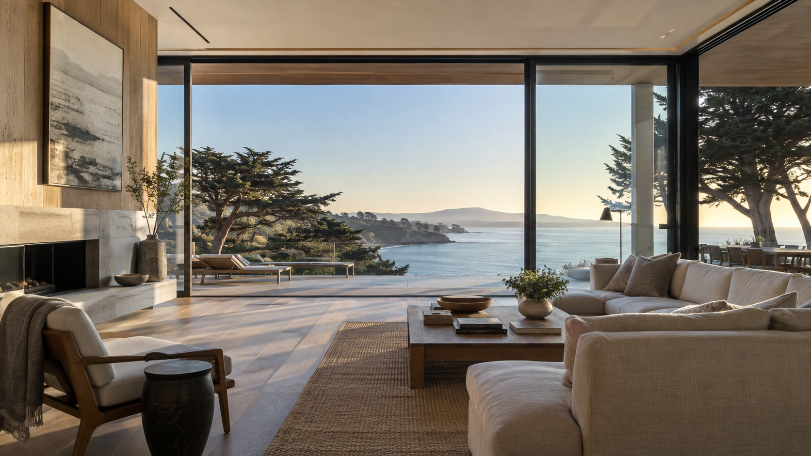 Illustrative coastal home interior opening to an ocean overlook