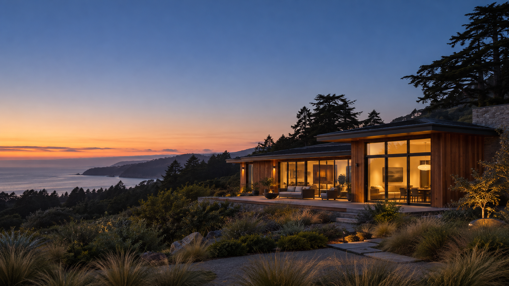 Illustrative twilight exterior of a coastal hillside residence